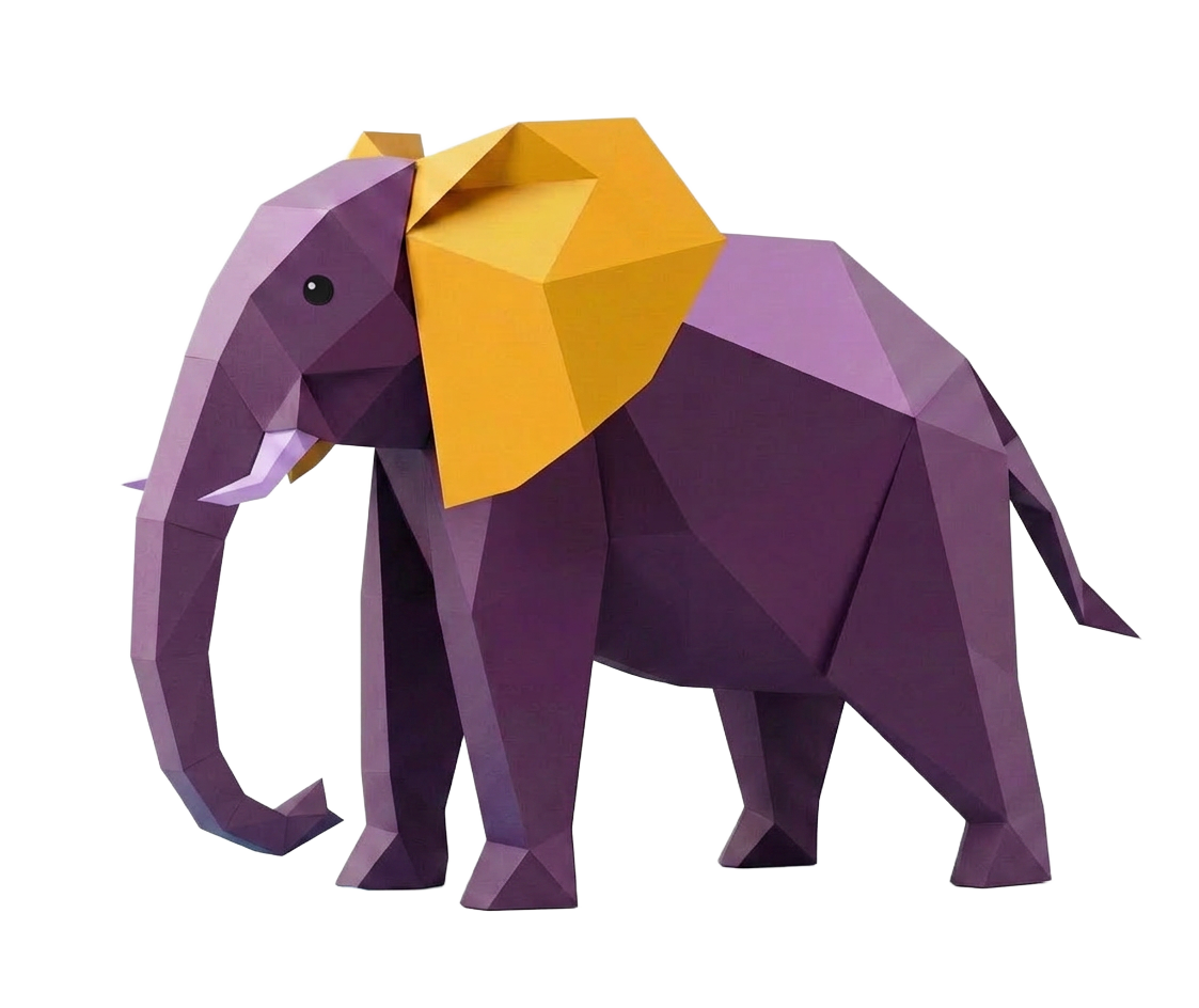 Origami elephant drinking at a mountain pond — RevPal mascot